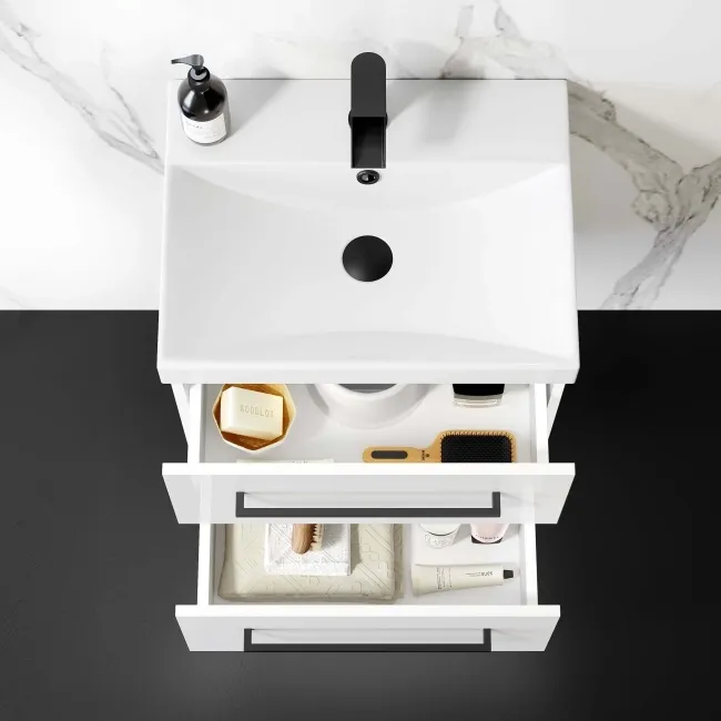 Elba Gloss White Wall Hung Basin Drawer Vanity 500mm - Black Accents