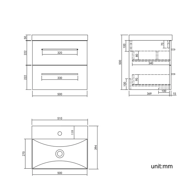 Elba Gloss White Wall Hung Basin Drawer Vanity 500mm - Black Accents