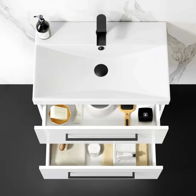 Elba Gloss White Wall Hung Basin Drawer Vanity 600mm - Black Accents