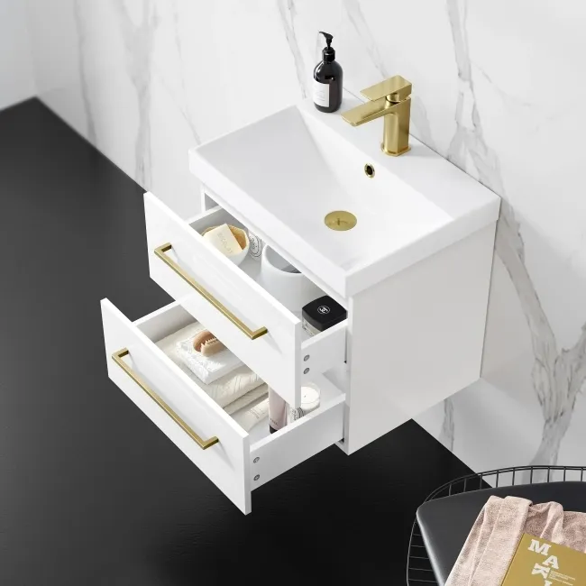 Elba Gloss White Wall Hung Basin Drawer Vanity 500mm - Brushed Brass Accents