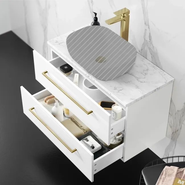 Elba Gloss White Wall Hung Drawer 800mm Excludes Counter Top Basin - Brushed Brass Accents