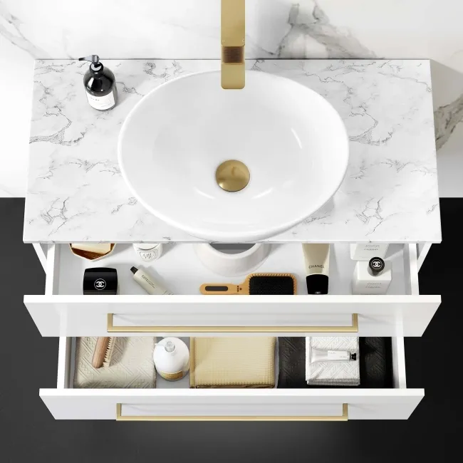 Elba Gloss White Wall Hung Drawer Vanity with Marble Top & Oval Counter Top Basin 800mm - Brushed Brass Accents