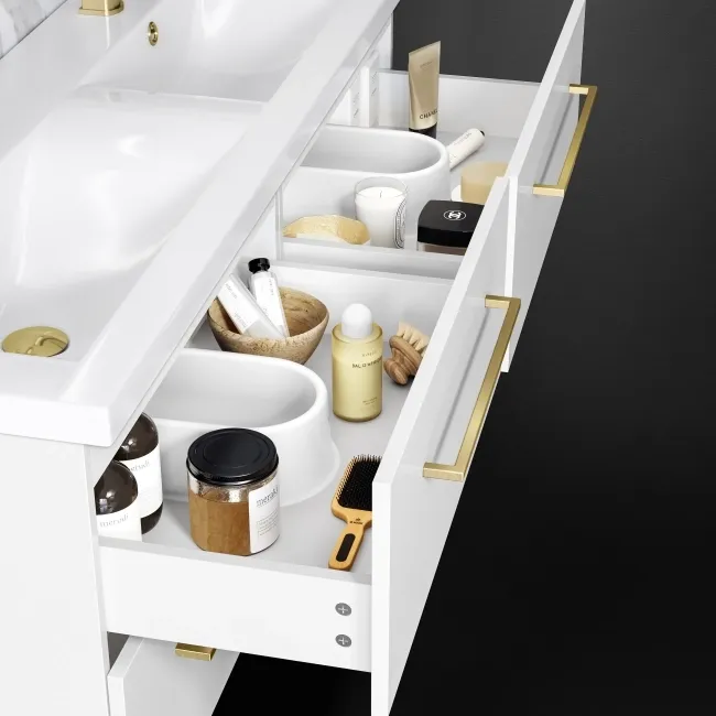 Elba Gloss White Wall Hung Double Basin Drawer Vanity 1200mm - Brushed Brass Accents