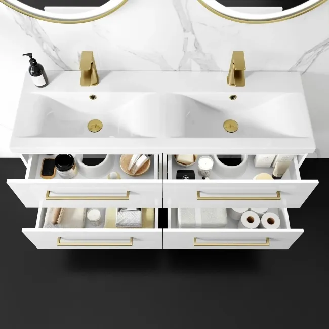 Elba Gloss White Wall Hung Double Basin Drawer Vanity 1200mm - Brushed Brass Accents