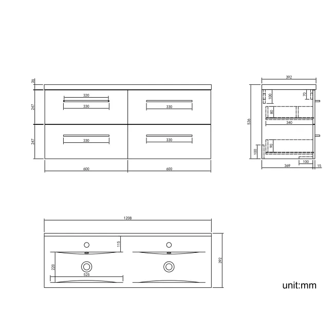 Elba Gloss White Wall Hung Double Basin Drawer Vanity 1200mm - Brushed Brass Accents