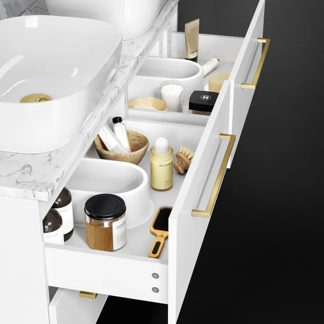 Elba Gloss White Double Wall Hung Drawer Vanity with Marble Top & Curved Basin 1200mm - Brushed Brass Accents