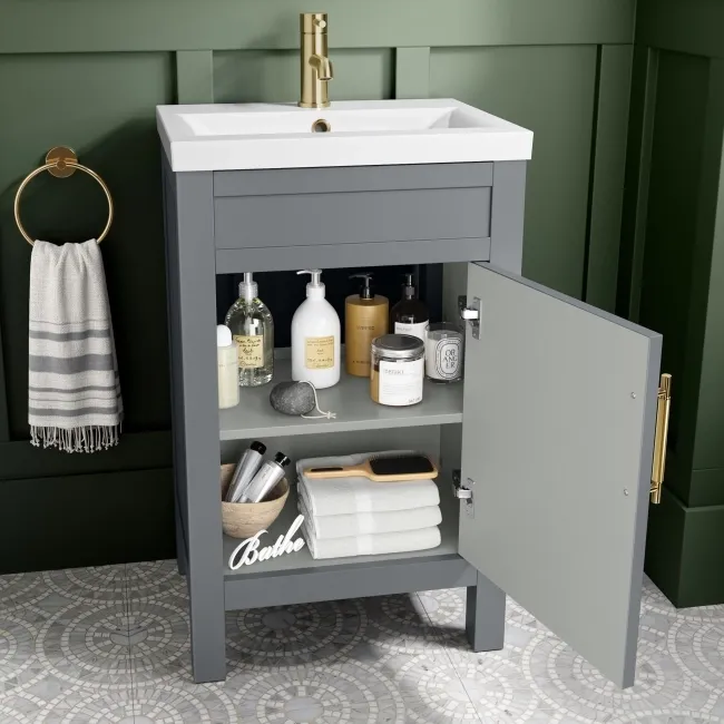 Bermuda Dove Grey Basin Vanity 500mm - Brass Knurled Handles