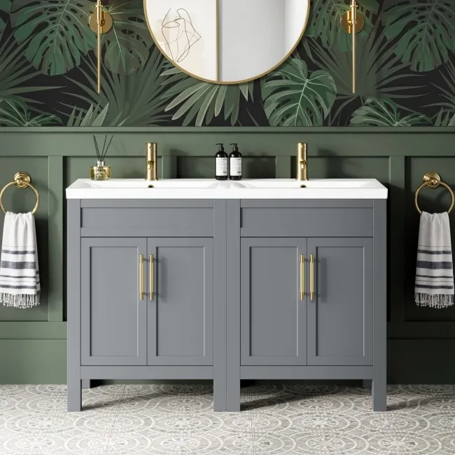 Bermuda Dove Grey Double Basin Vanity 1200mm - Brass Knurled Handles