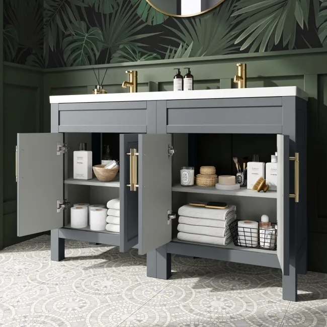 Bermuda Dove Grey Double Basin Vanity 1200mm - Brass Knurled Handles