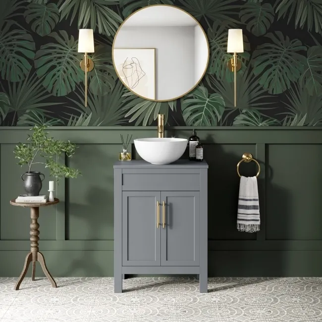 Bermuda Dove Grey Vanity with Round Counter Top Basin 600mm - Brass Knurled Handles