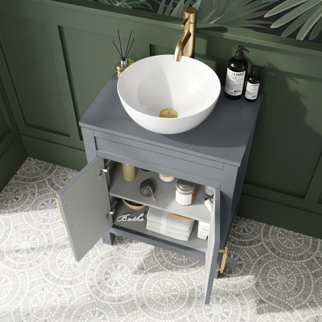 Bermuda Dove Grey Vanity with Round Counter Top Basin 600mm - Brass Knurled Handles