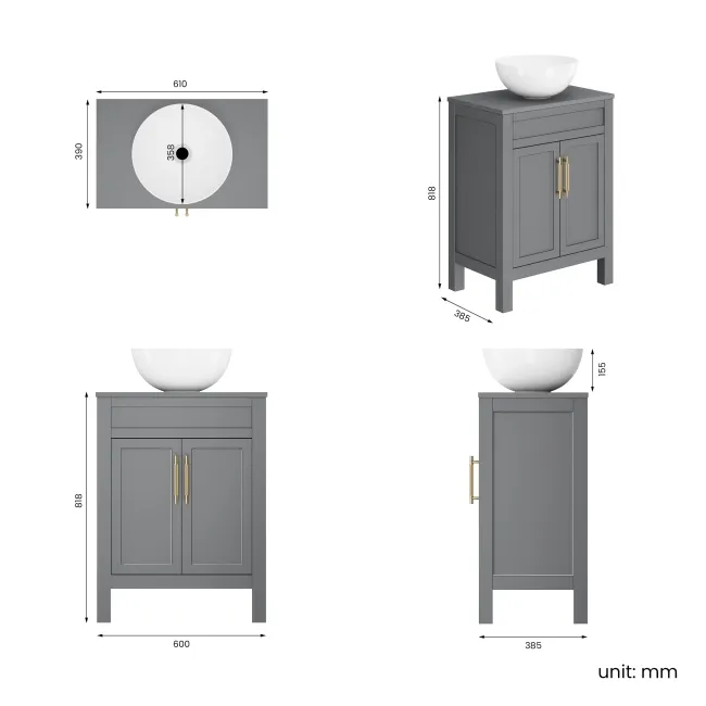 Bermuda Dove Grey Vanity with Round Counter Top Basin 600mm - Brass Knurled Handles