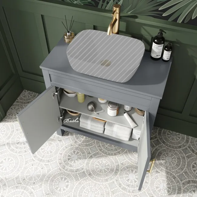 Bermuda Dove Grey Cabinet 800mm Excludes Counter Top Basin - Brass Knurled Handles
