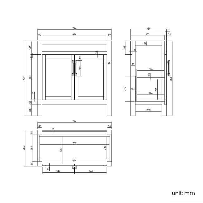 Bermuda Dove Grey Cabinet 800mm Excludes Counter Top Basin - Brass Knurled Handles