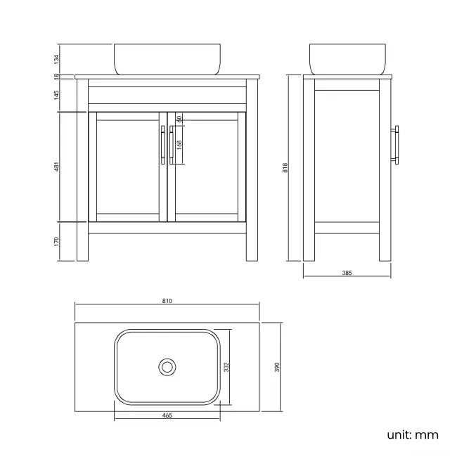 Bermuda Dove Grey Vanity with Curved Counter Top Basin 800mm - Brass Knurled Handles