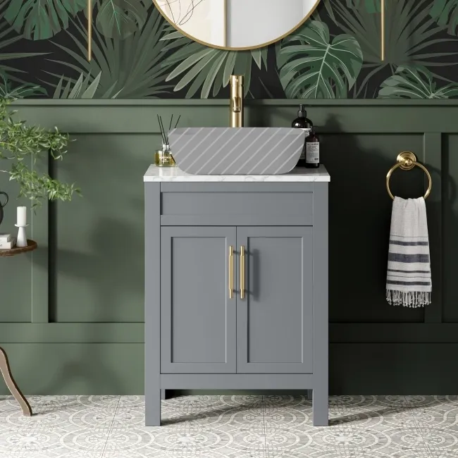Bermuda Dove Grey Cabinet with Marble Top 600mm Excludes Counter Top Basin - Brass Knurled Handles