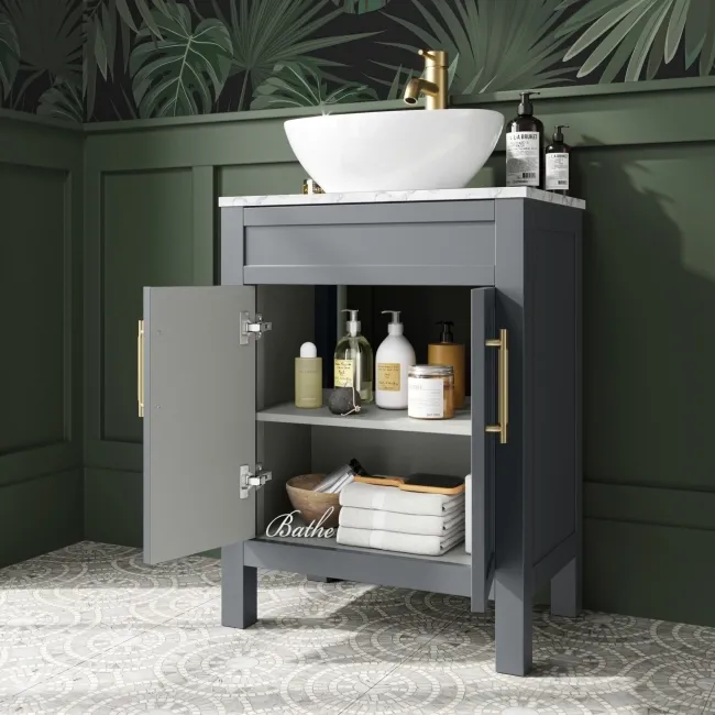 Bermuda Dove Grey Vanity with Marble Top & Oval Counter Top Basin 600mm - Brass Knurled Handles