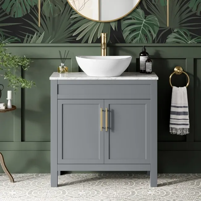 Bermuda Dove Grey Vanity with Marble Top & Oval Counter Top Basin 800mm - Brass Knurled Handles