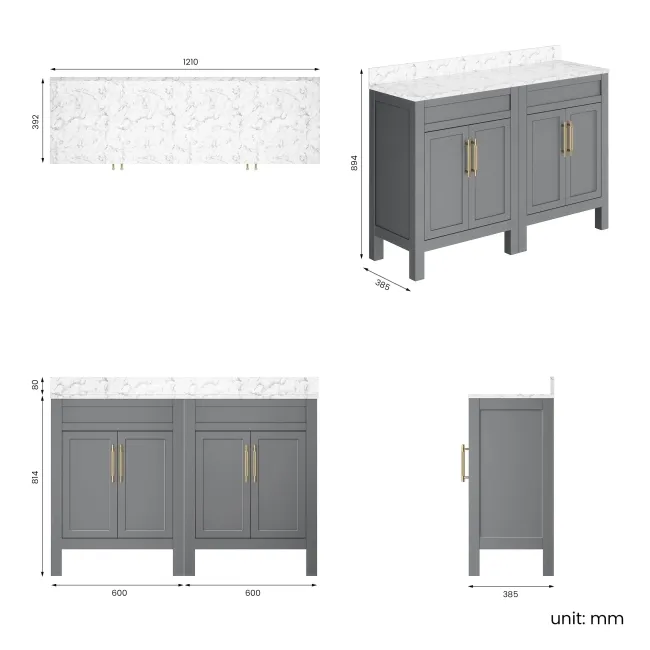 Bermuda Dove Grey Cabinet with Marble Top 1200mm Excludes Counter Top Basins - Brass Knurled Handles