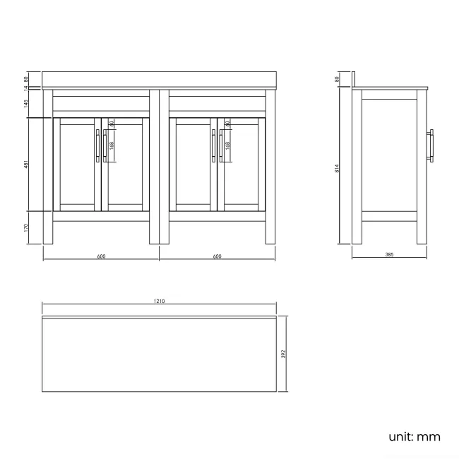 Bermuda Dove Grey Cabinet with Marble Top 1200mm Excludes Counter Top Basins - Brass Knurled Handles