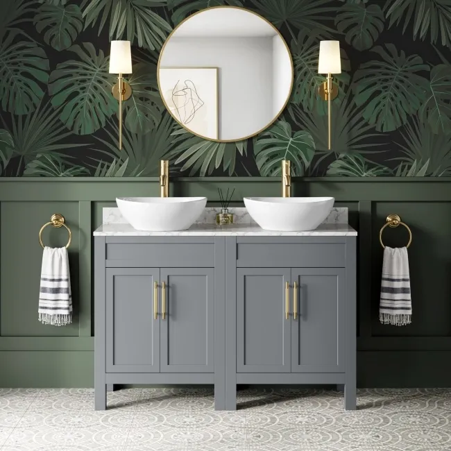 Bermuda Dove Grey Vanity with Marble Top & Oval Counter Top Basin 1200mm - Brass Knurled Handles