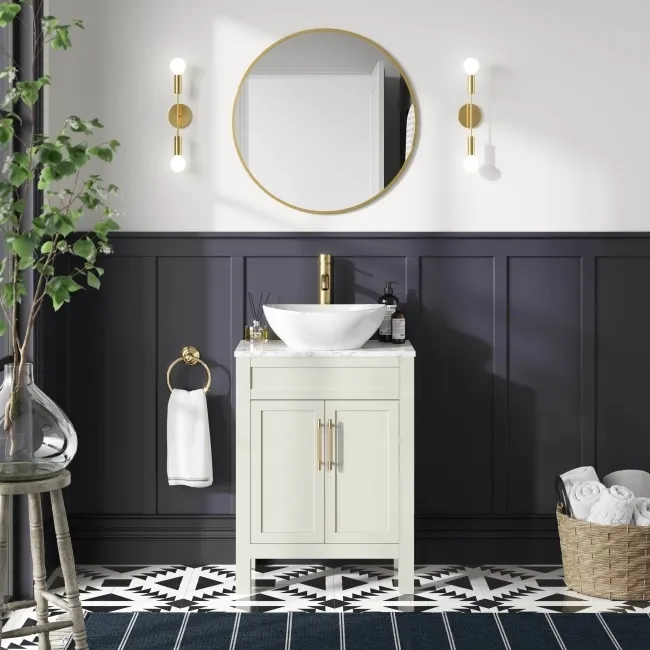 Bermuda Chalk White Vanity with Marble Top & Oval Counter Top Basin 600mm - Brass Knurled Handles
