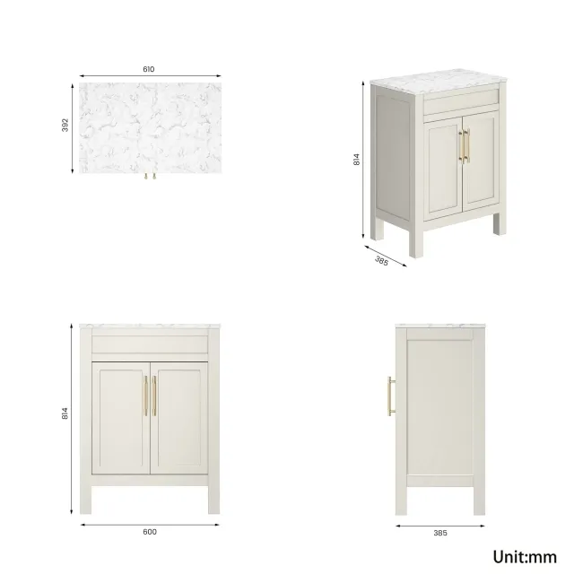 Bermuda Chalk White Cabinet with Marble Top 600mm - Excludes Counter Top Basin - Brass Knurled Handles