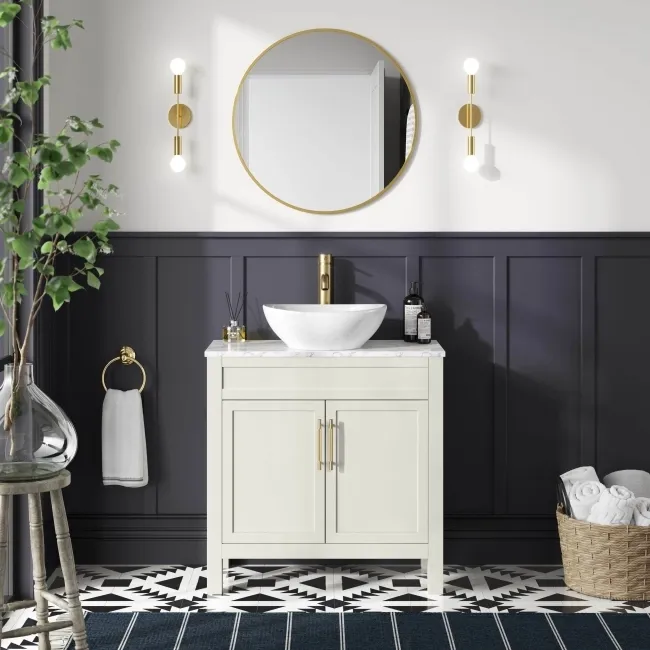 Bermuda Chalk White Vanity with Marble Top & Oval Counter Top Basin 800mm - Brass Knurled Handles