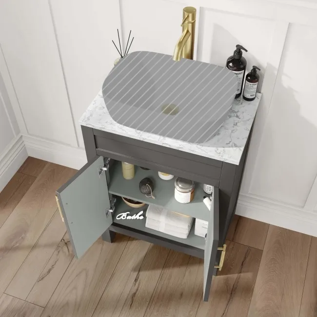 Bermuda Graphite Grey Cabinet with Marble Top 600mm Excludes Counter Top Basin - Brass Knurled Handles