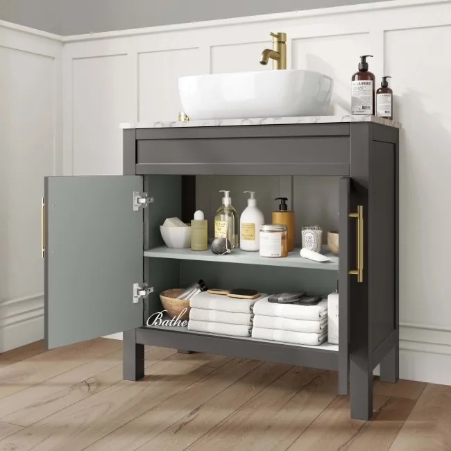 Bermuda Graphite Grey Vanity with Marble Top & Curved Counter Top Basin 800mm - Brass Knurled Handles