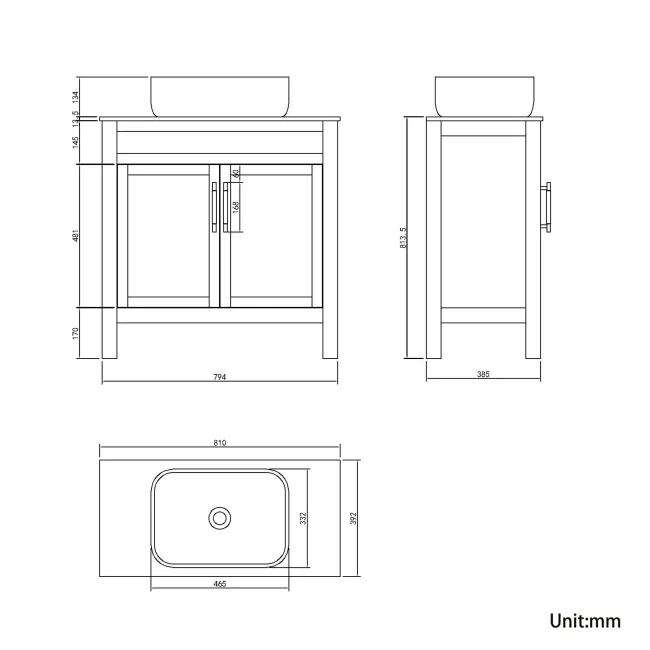 Bermuda Graphite Grey Vanity with Marble Top & Curved Counter Top Basin 800mm - Brass Knurled Handles
