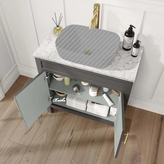 Bermuda Graphite Grey Cabinet with Marble Top 800mm Excludes Counter Top Basin - Brass Knurled Handles