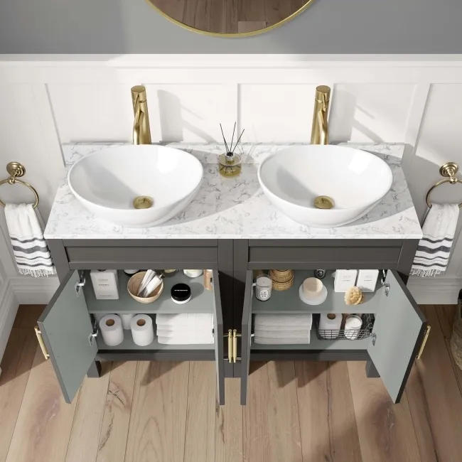 Bermuda Graphite Grey Vanity with Marble Top & Oval Counter Top Basin 1200mm - Brass Knurled Handles