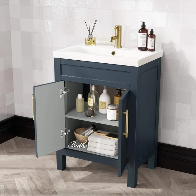 Bermuda Inky Blue Basin Vanity 600mm - Brass Knurled Handles