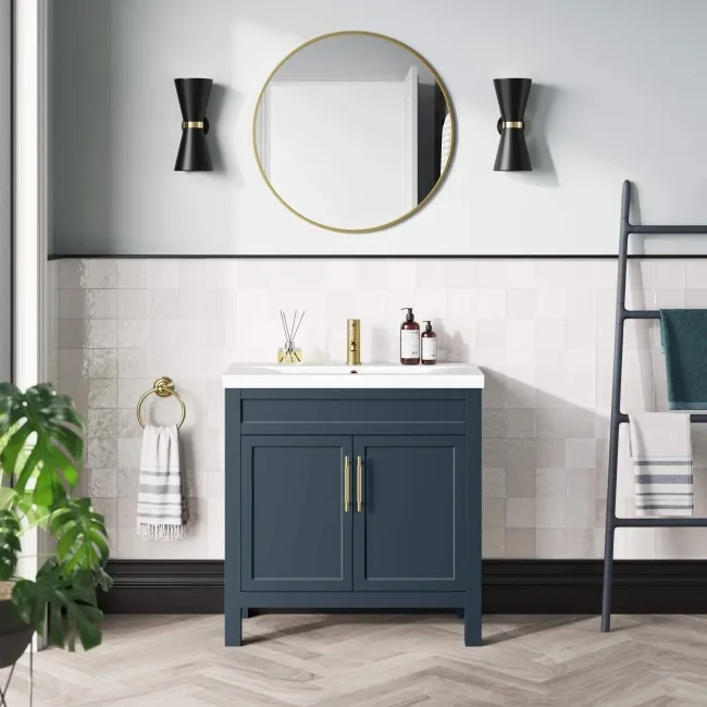 Bermuda Inky Blue Basin Vanity 800mm - Brass Knurled Handles