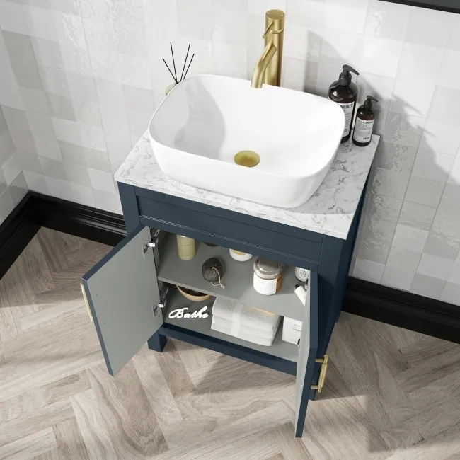 Bermuda Inky Blue Vanity with Marble Top & Curved Counter Top Basin 600mm - Brass Knurled Handles