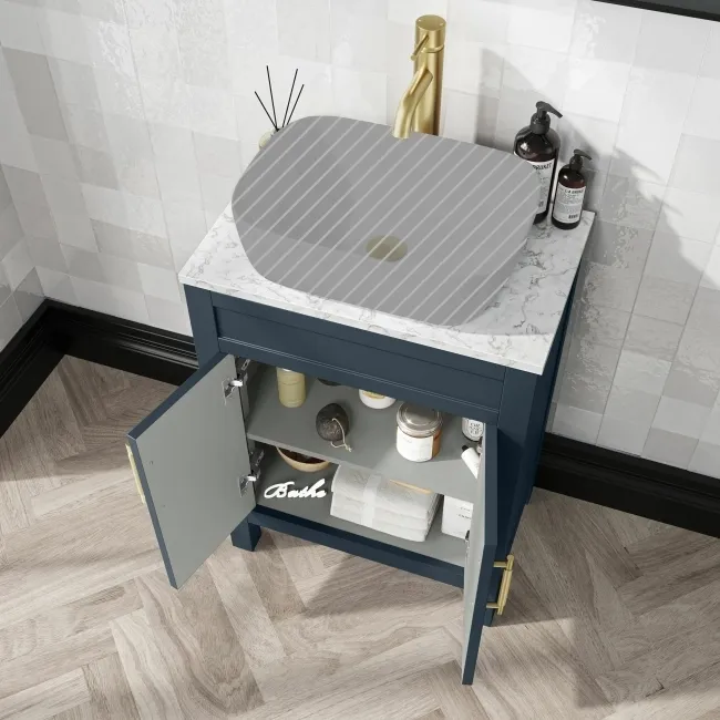 Bermuda Inky Blue Cabinet with Marble Top 600mm Excludes Counter Top Basin - Brass Knurled Handles