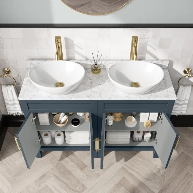 Bermuda Inky Blue Vanity with Marble Top & Oval Counter Top Basin 1200mm - Brass Knurled Handles