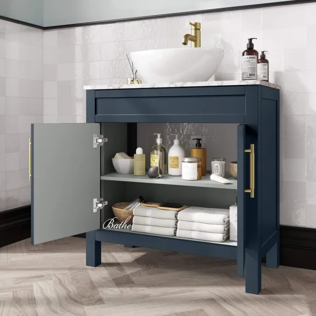 Bermuda Inky Blue Vanity with Marble Top & Oval Counter Top Basin 800mm - Brass Knurled Handles