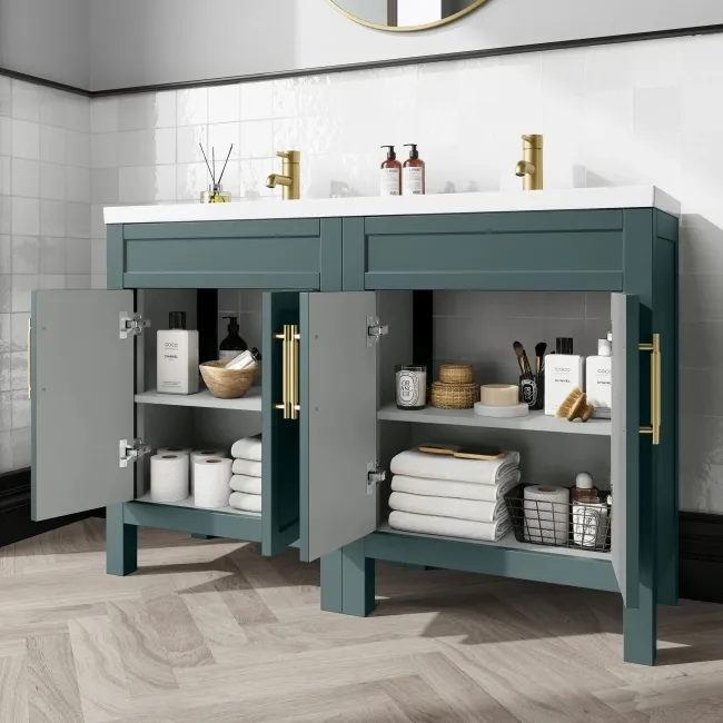 Bermuda Midnight Green Double Basin Vanity 1200mm - Brass Knurled Handles