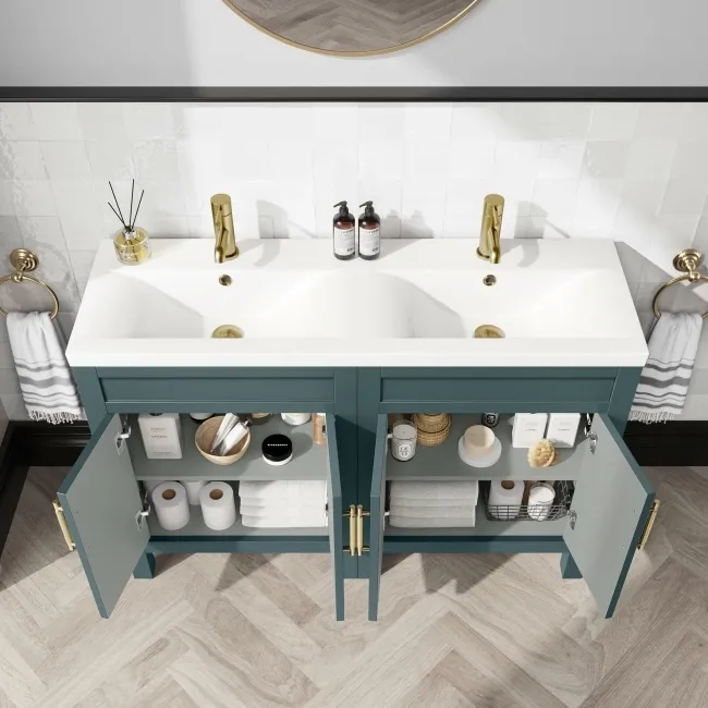 Bermuda Midnight Green Double Basin Vanity 1200mm - Brass Knurled Handles