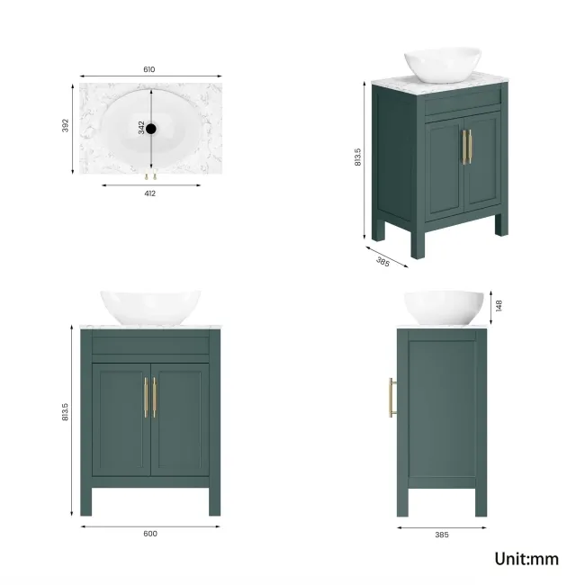 Bermuda Midnight Green Vanity with Marble Top & Oval Counter Top Basin 600mm - Brass Knurled Handles