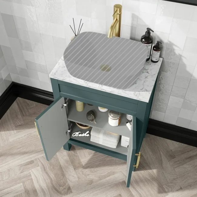 Bermuda Midnight Green Cabinet with Marble Top 600mm Excludes Counter Top Basin - Brass Knurled Handles
