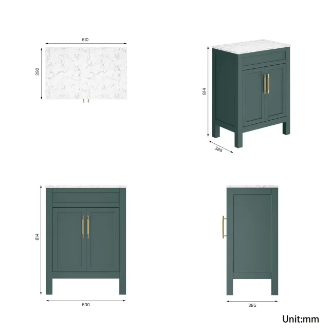 Bermuda Midnight Green Cabinet with Marble Top 600mm Excludes Counter Top Basin - Brass Knurled Handles