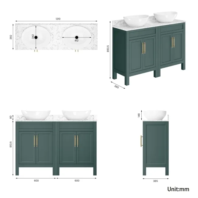Bermuda Midnight Green Vanity with Marble Top & Oval Counter Top Basin 1200mm - Brass Knurled Handles