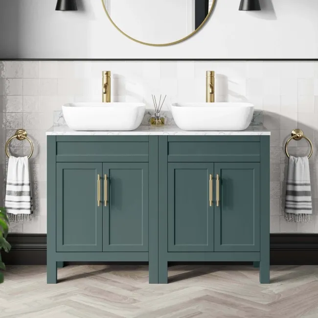 Bermuda Midnight Green Vanity with Marble Top & Curved Counter Top Basin 1200mm - Brass Knurled Handles