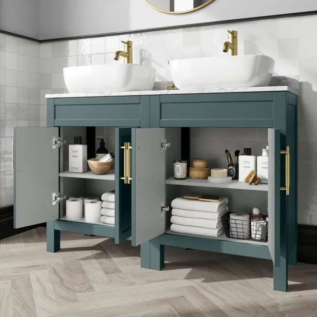 Bermuda Midnight Green Vanity with Marble Top & Curved Counter Top Basin 1200mm - Brass Knurled Handles