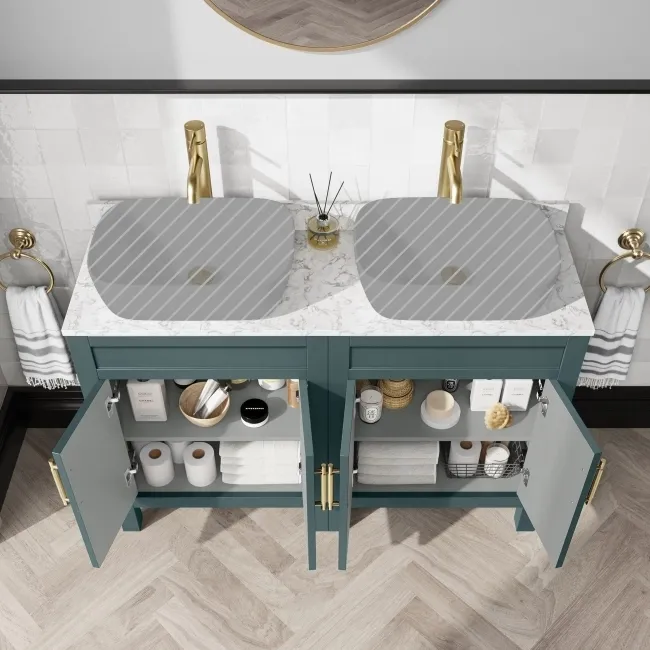 Bermuda Midnight Green Cabinet with Marble Top 1200mm Excludes Counter Top Basins - Brass Knurled Handles