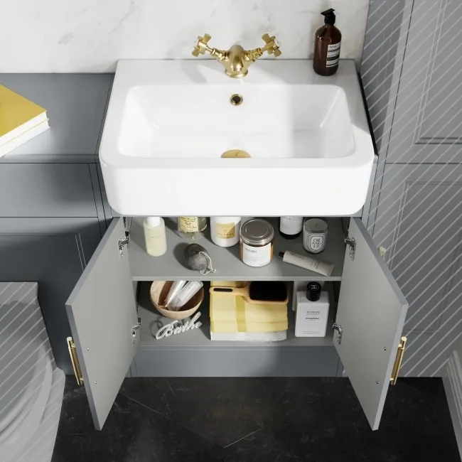 Monaco Dove Grey Basin Vanity and Back To Wall Toilet Unit 1200mm (Excludes Pan & Cistern) - Brass Knurled Handles