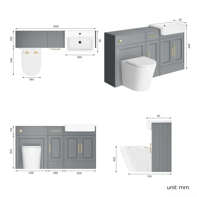 Monaco Dove Grey Combination Vanity Basin and Boston Toilet 1500mm - Brass Knurled Handles
